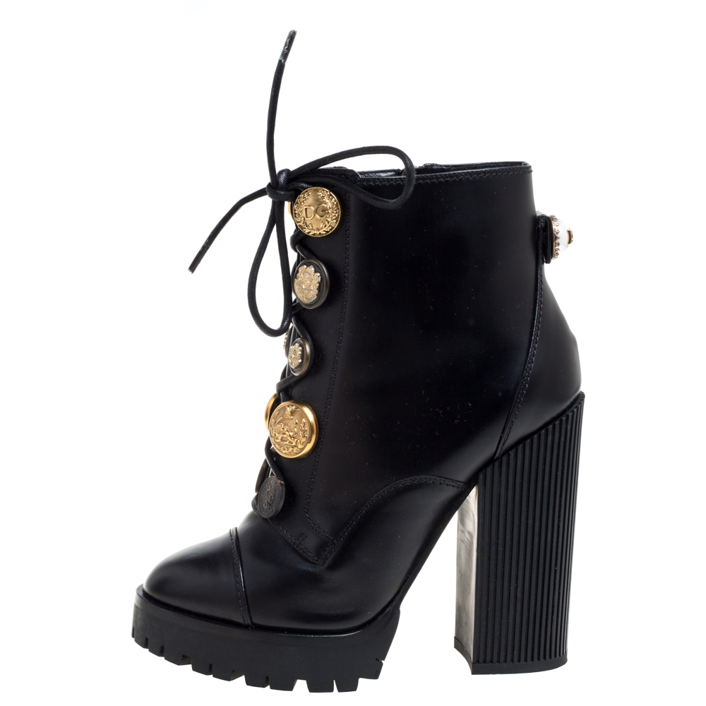 

Dolce and Gabbana Black Leather Pearl/Button Embellished Platform Combat Ankle Boots Size