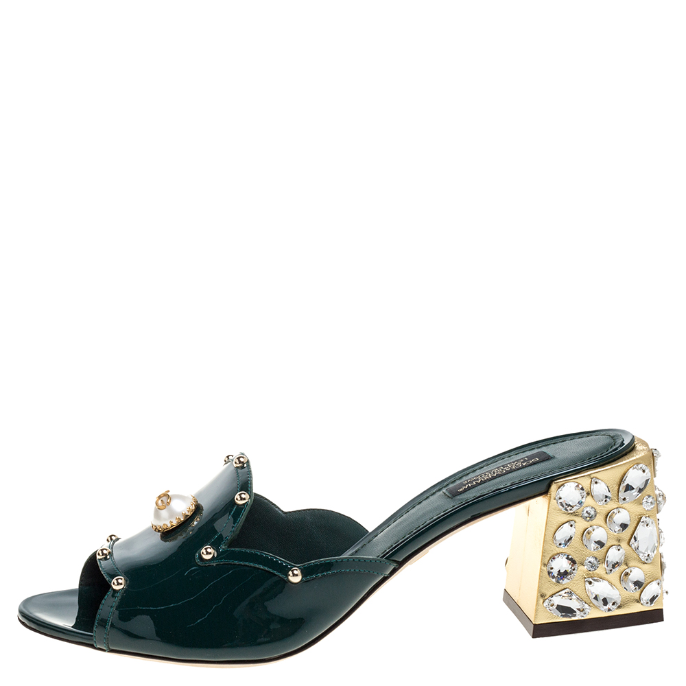 

Dolce & Gabbana Dark Green Patent Leather Embellished Block Heels Slide Sandals Size