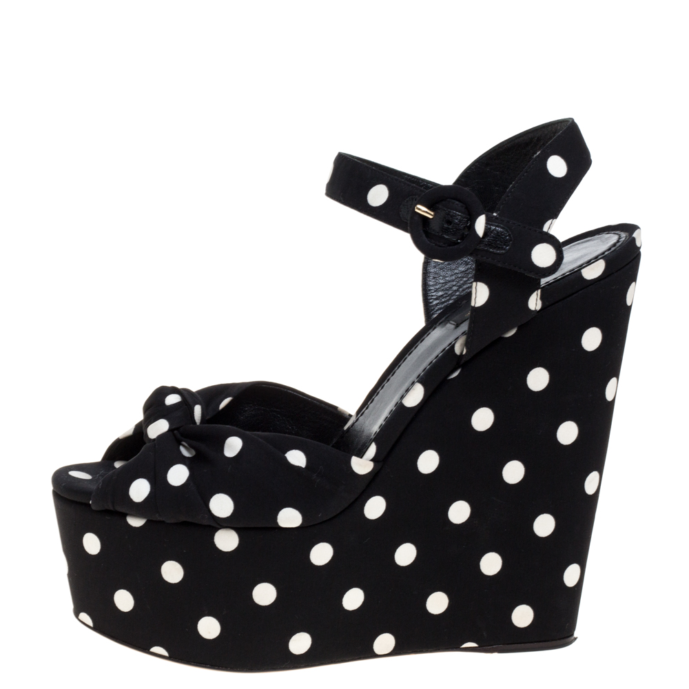 

Dolce & Gabbana Black Satin Polka Dot Wedge Platform Ankle Strap Sandals Size