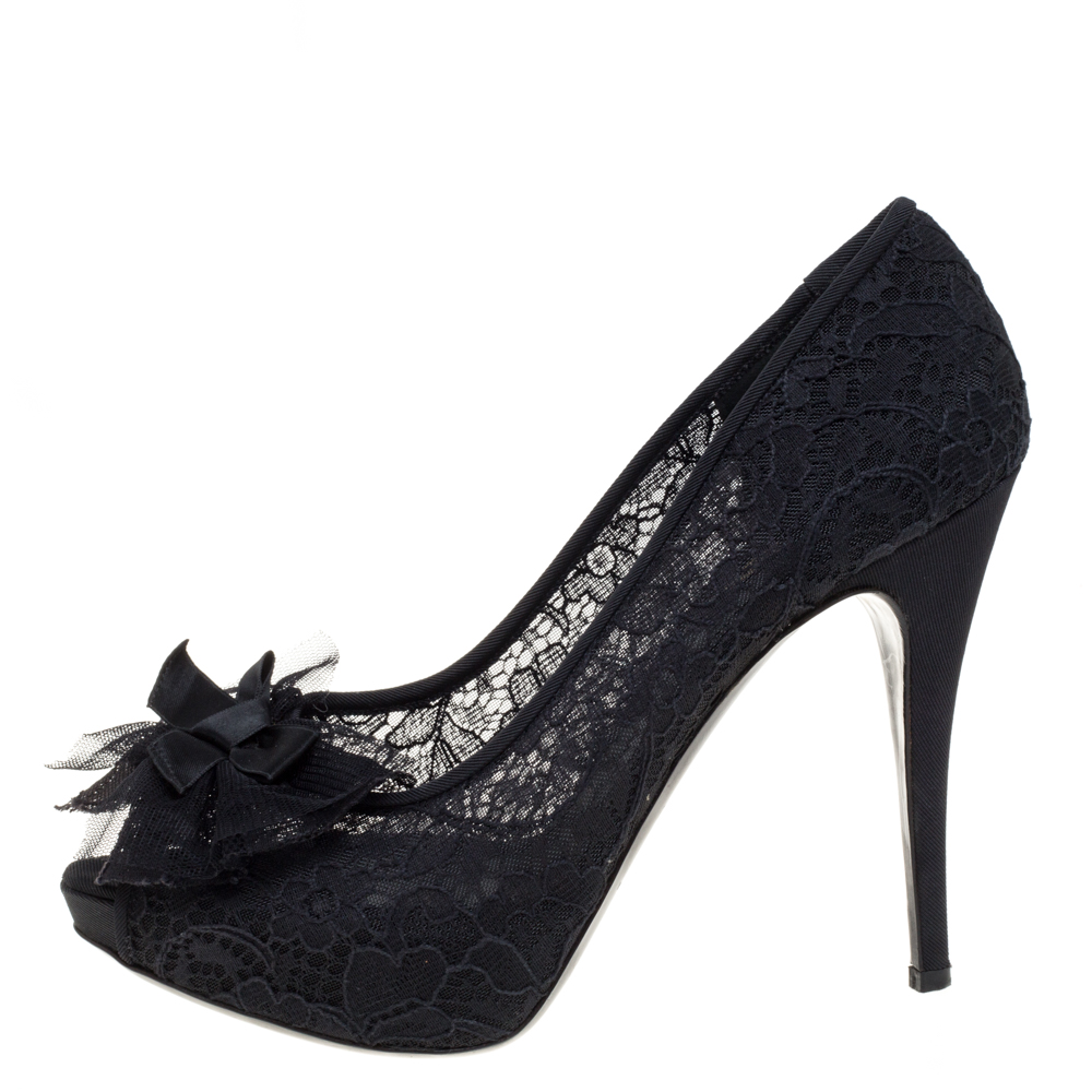 

Dolce & Gabbana Black Lace Bow Peep Toe Platform Pumps Size