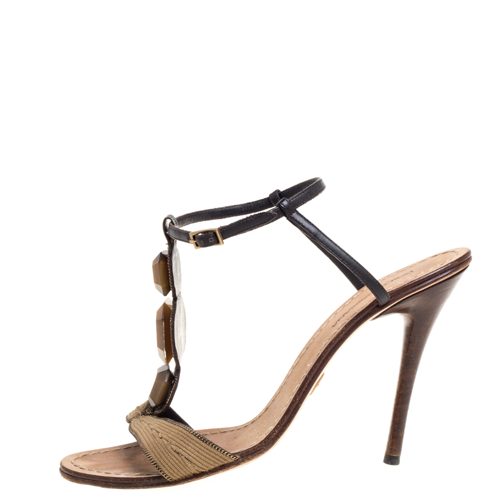 

Dolce & Gabbana Brown Leather and Fabric Stone Embellished Sandals Size