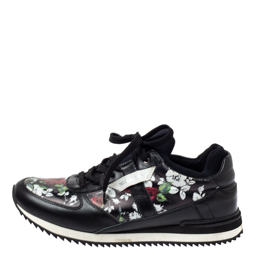 

Dolce & Gabbana Black Floral Print Leather Low Top Sneakers Size