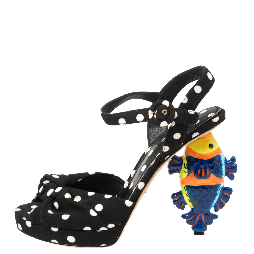 

Dolce and Gabbana Black Polka Dot Fabric Fish Heel Ankle Strap Sandals Size