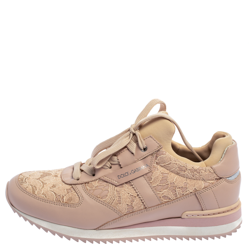 

Dolce & Gabbana Pink Lace and Leather Low Top Sneakers Size
