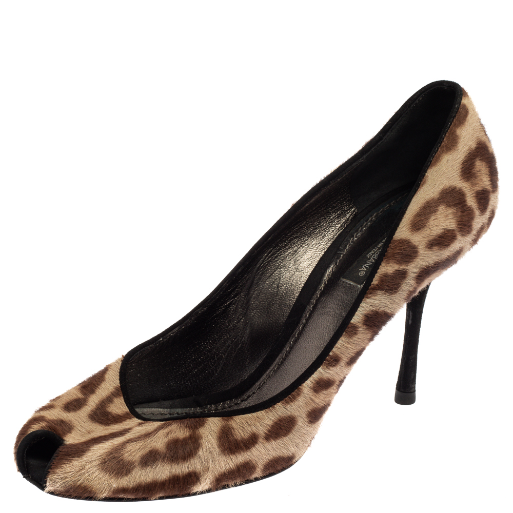 

Dolce & Gabbana Two Tone Leopard Print Calf Hair And Suede Leather Peep Toe Pumps Size, Brown