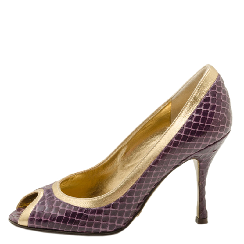 

Dolce & Gabbana Purple and Gold Embossed Peep Toe Pumps Size