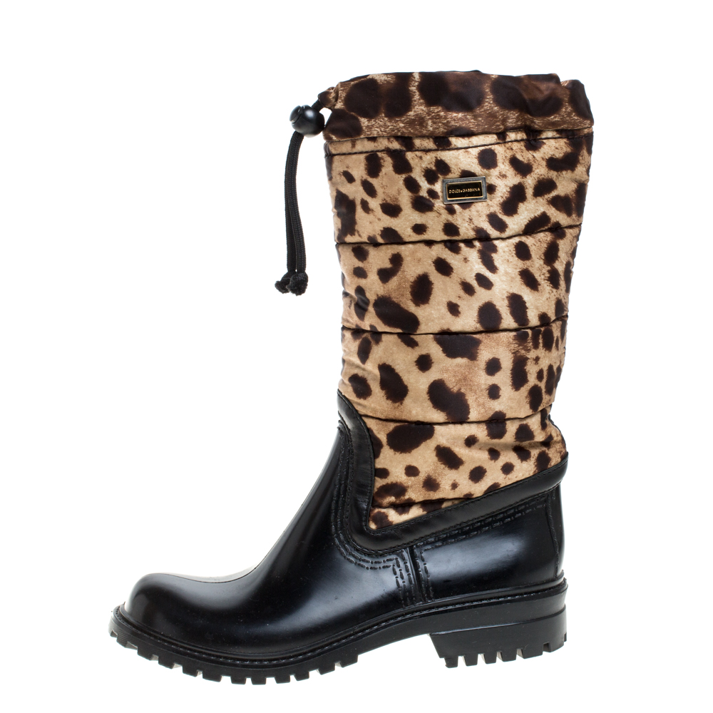 

Dolce & Gabbana Black/Brown Leopard Print Nylon and Leather Drawstring Mid Length Rain Boots Size