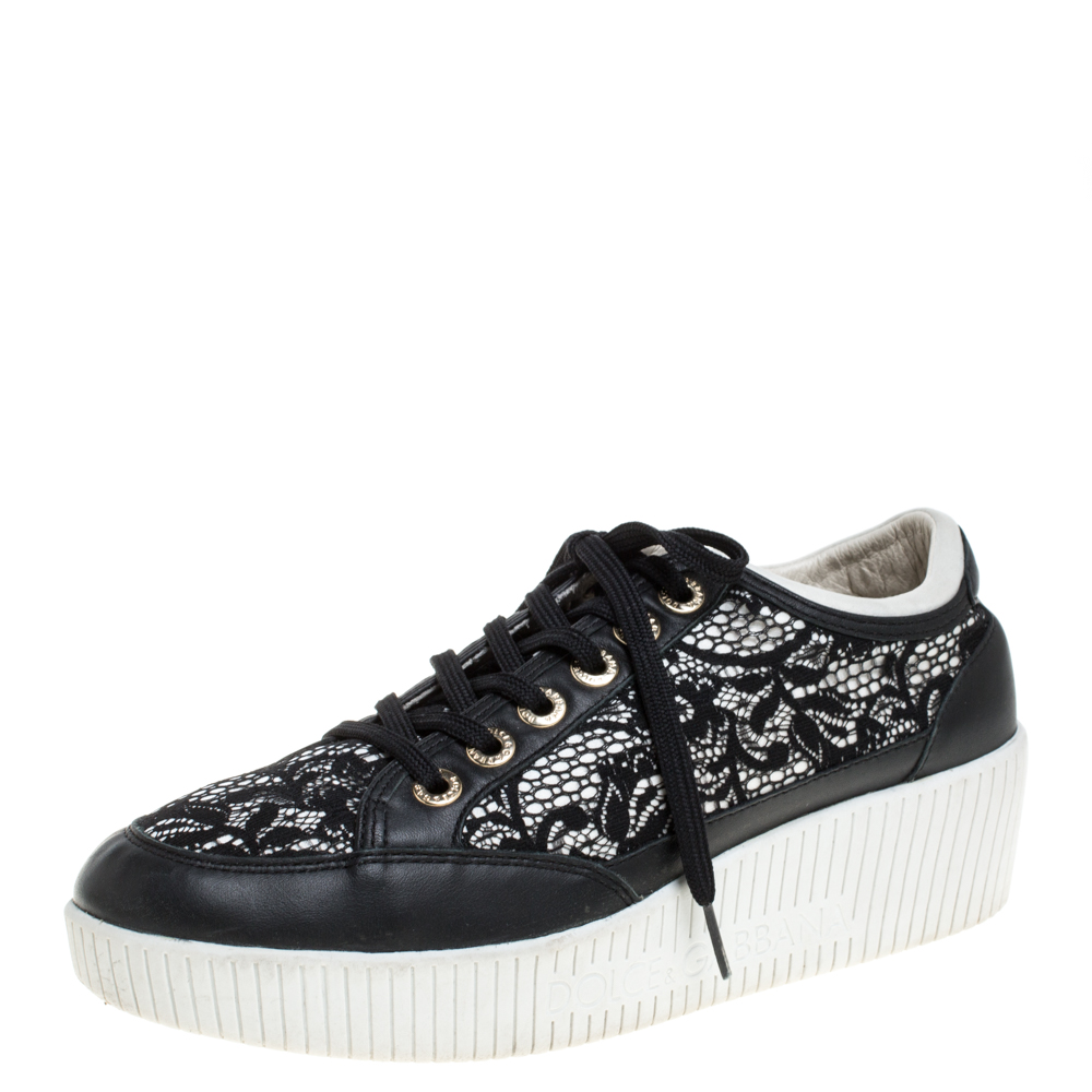

Dolce & Gabbana Black Leather/Lace, and Fabric Wedge Sneakers Size