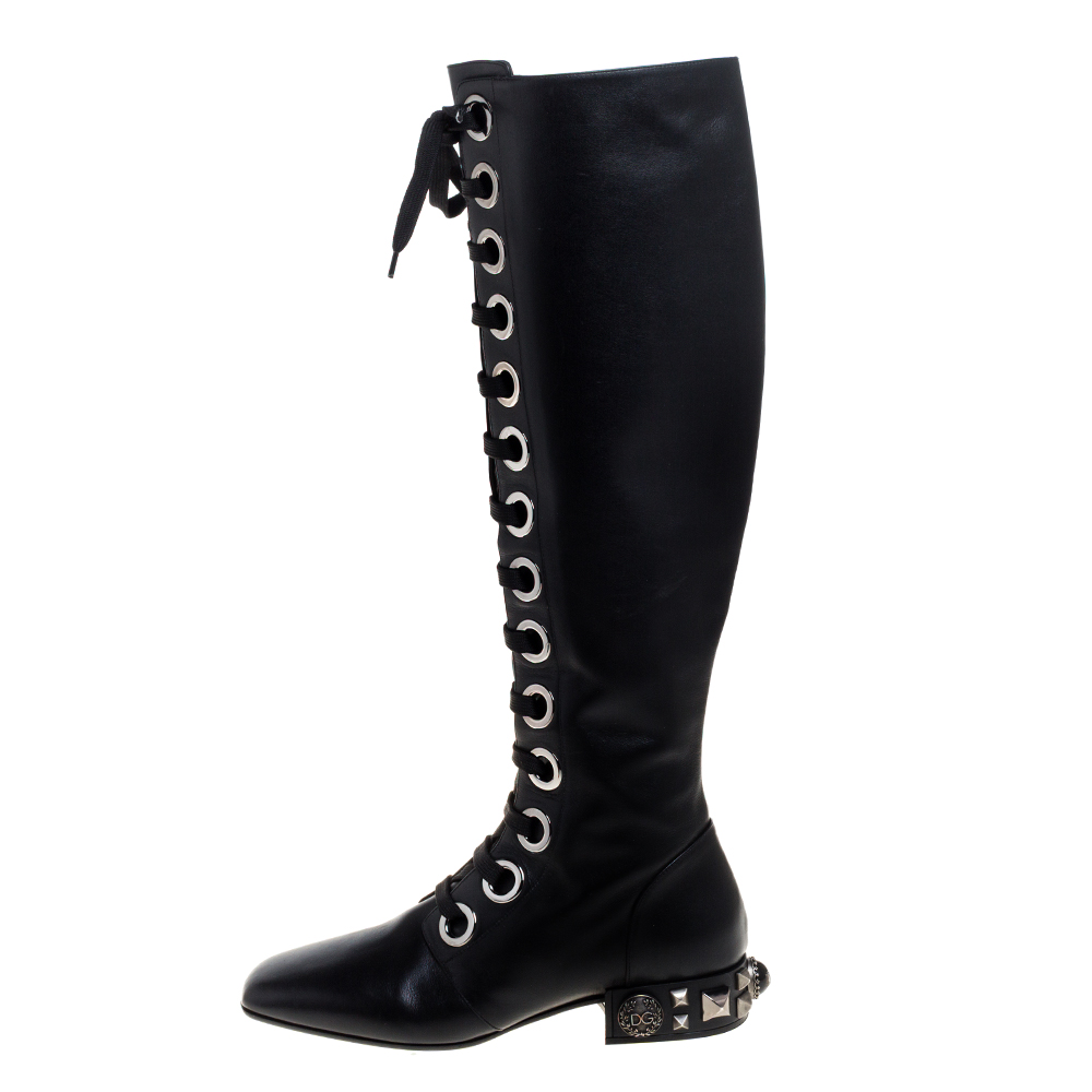 

Dolce & Gabbana Black Leather Jackie Lace Up Knee Length Boots Size