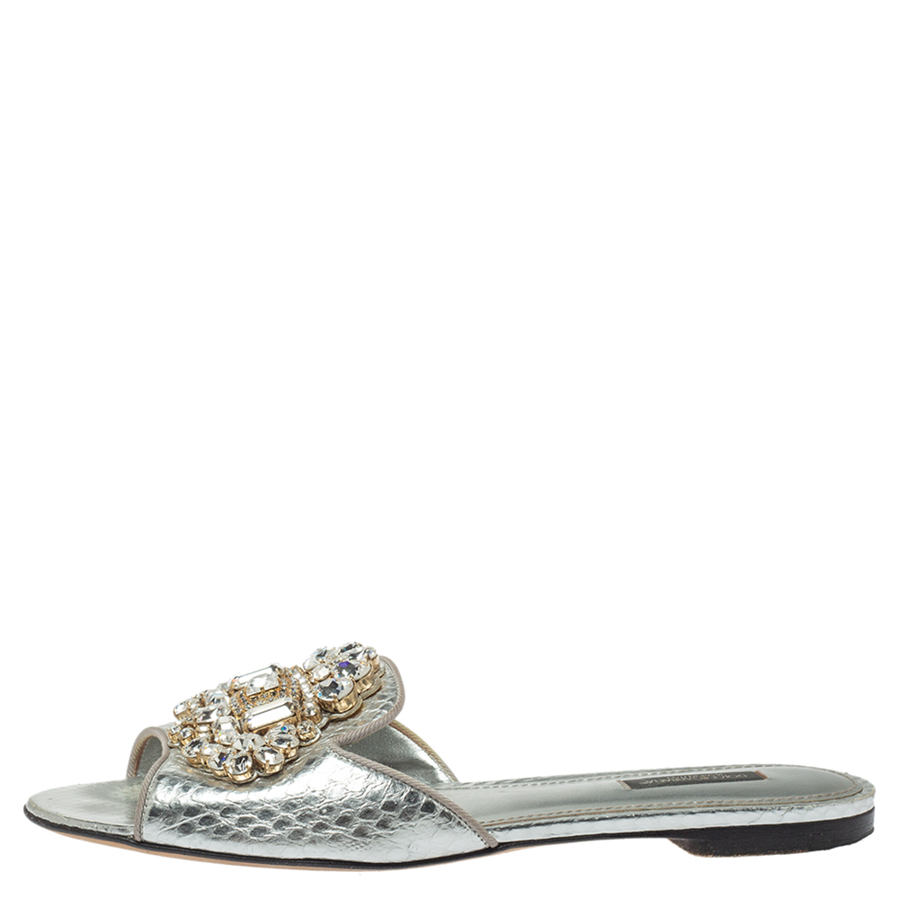 

Dolce & Gabbana Silver Crystal Embellished Snakeskin Embossed Leather Bianca Flat Slides Size39