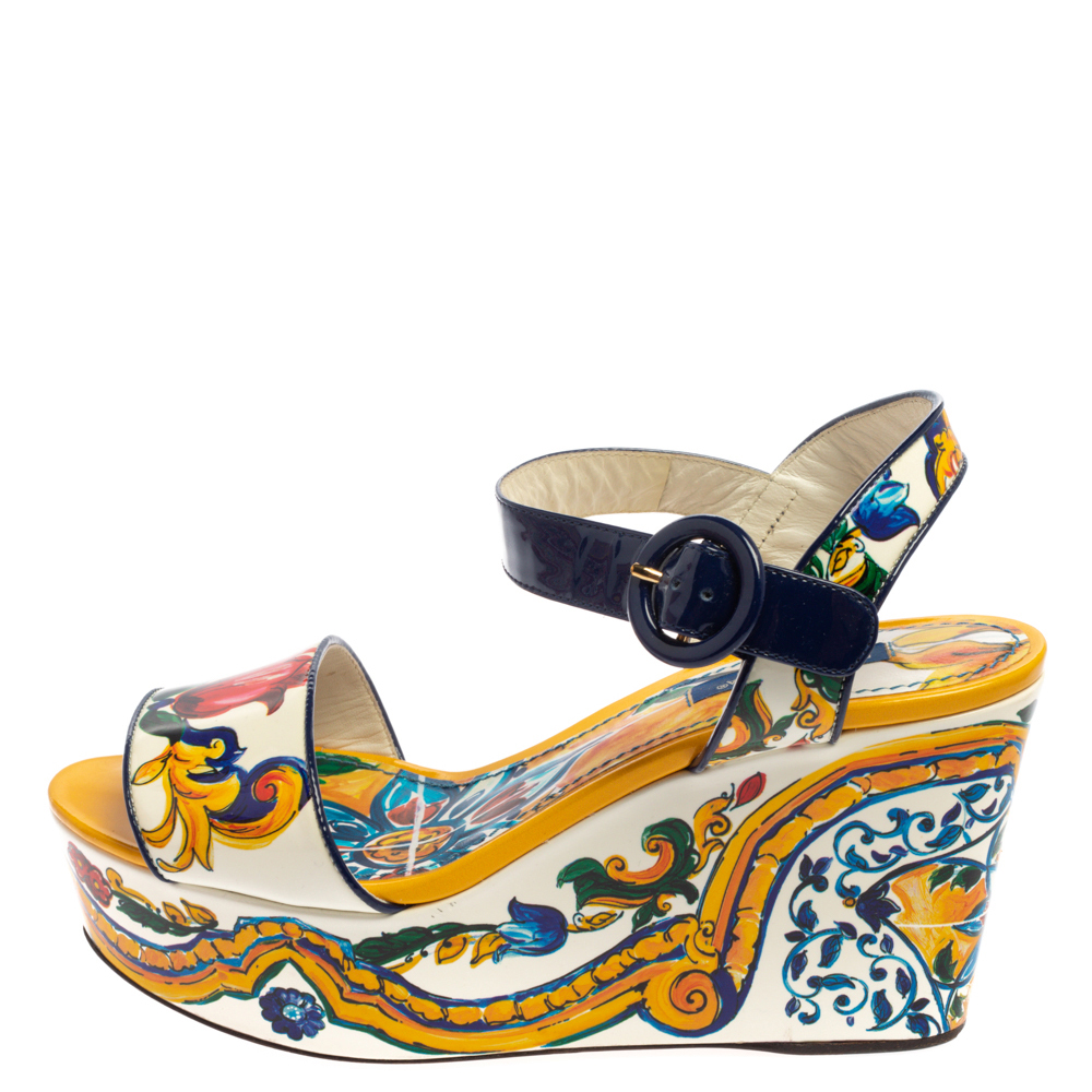 

Dolce & Gabbana Multicolor Majolica Print Patent Leather Wedge Platform Ankle Strap Sandals Size