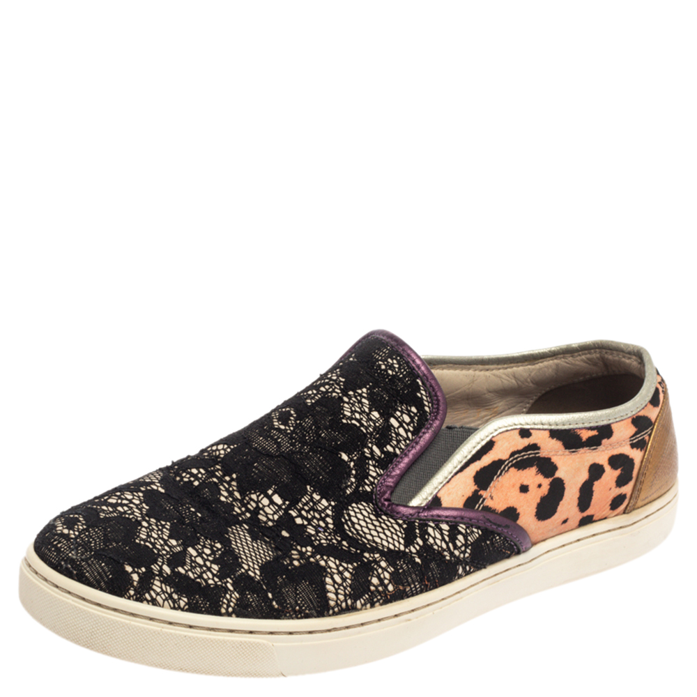 Feminine and stylish these sneakers from Dolce and Gabbana are made for a fashionista like you. They have been crafted from leather overlaid with lace and feature leopard print. The slip on style and comfortable insoles make them an ideal buy.