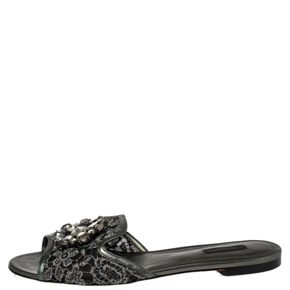 

Dolce & Gabbana Metallic Grey Lace And Leather Trim Crystal Embellished Flats Size