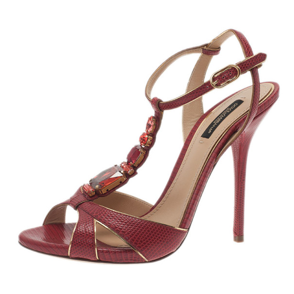 Dolce and Gabbana Red Jeweled Leather T Strap Sandals Size 39 Dolce ...