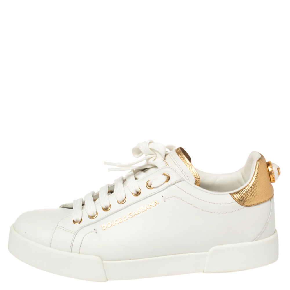 

Dolce & Gabbana White/Gold Leather Portofino Pearl Embellished Low Top Sneakers Size