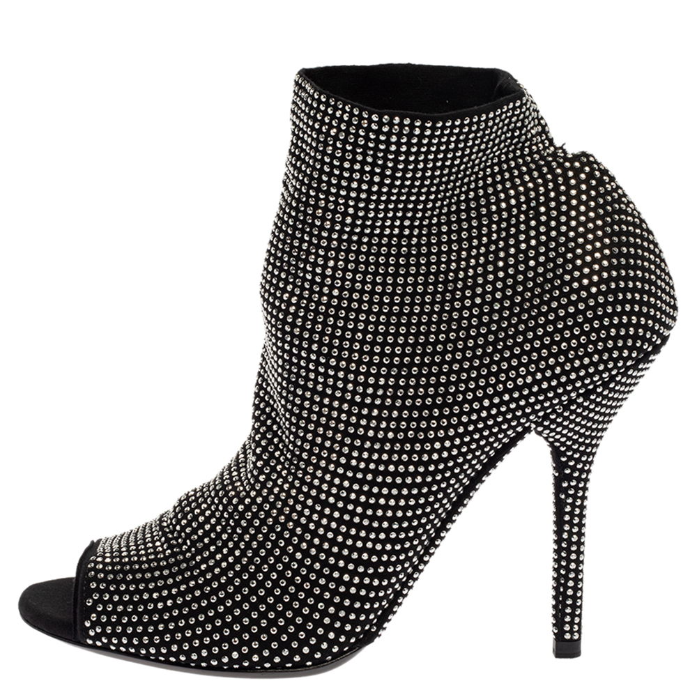 

Dolce & Gabbana Black Fabric Embellished Open Toe Ankle Boots Size