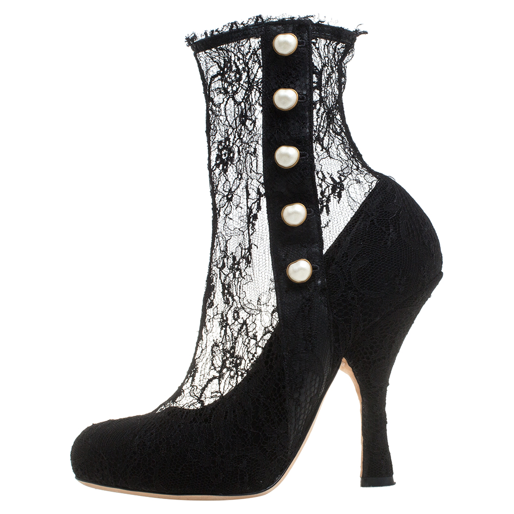 

Dolce and Gabbana Black Lace Pearl Embellished Socks Boots Size