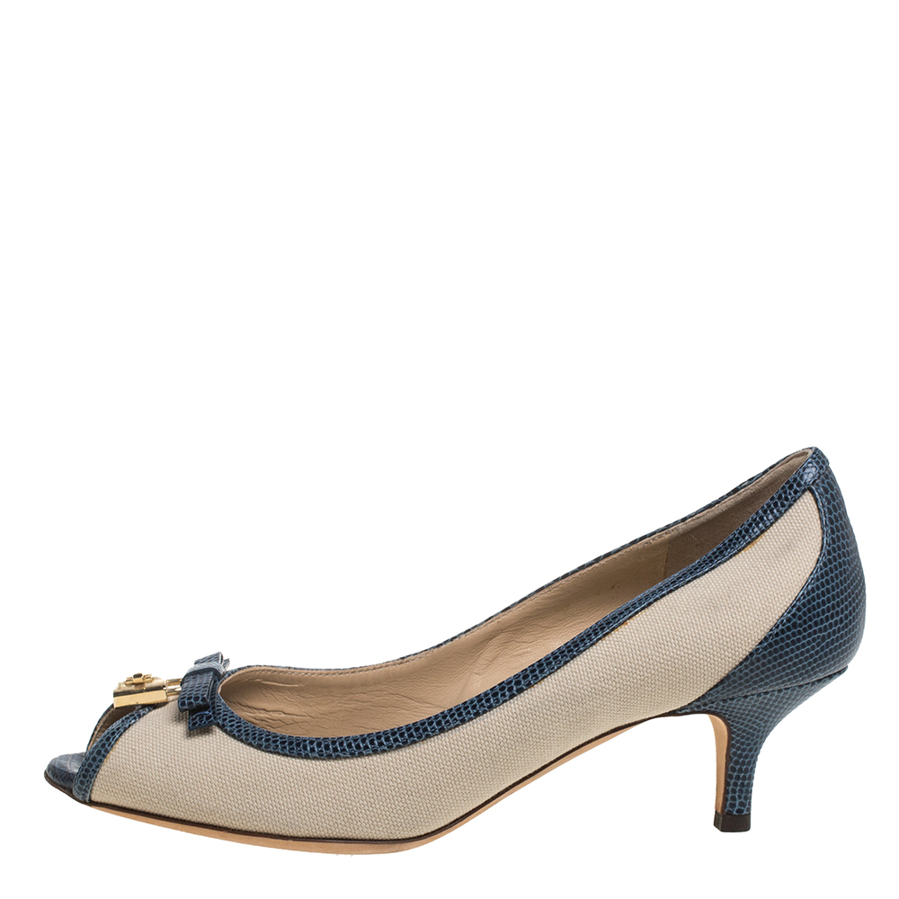 

Dolce & Gabbana Beige /Blue Canvas And Lizard Embossed Leather Pumps Size