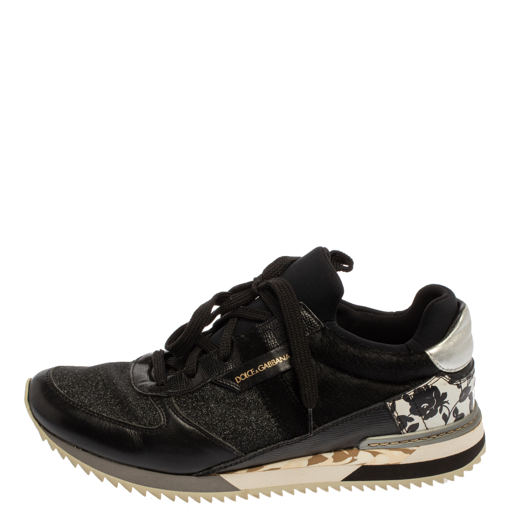 

Dolce & Gabbana Black Leather And Glitter Fabric Lace Up Low Top Sneakers Size