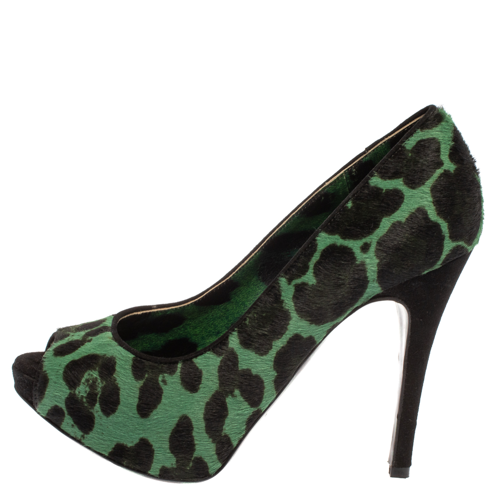 

Dolce & Gabbana Green/Black Leopard Print Peep Toe Pumps Size