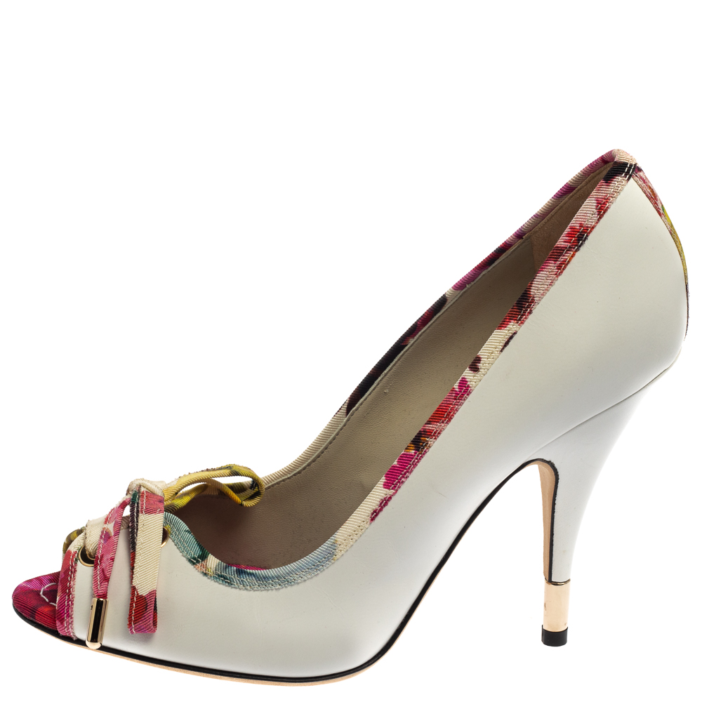 

Dolce & Gabbana White Leather And Multicolor Floral Printed Canvas Bow Peep Toe Pumps Size