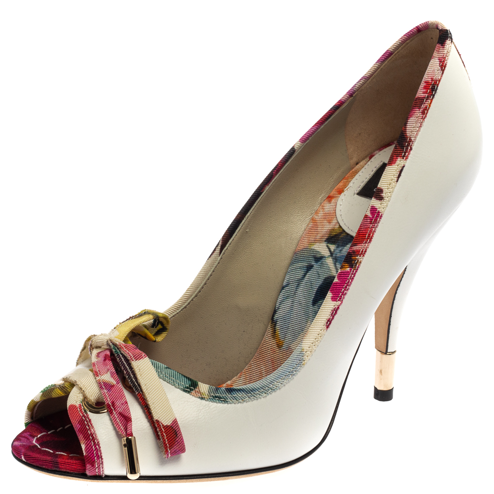 Pre-owned Dolce & Gabbana White Leather And Multicolor Floral Printed Canvas Bow Peep Toe Pumps Size 37