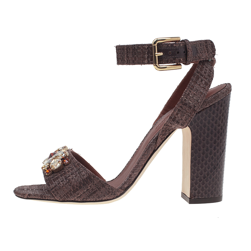 

Dolce & Gabbana Beige Jeweled Raffia & Snakeskin Sandals Size, Brown