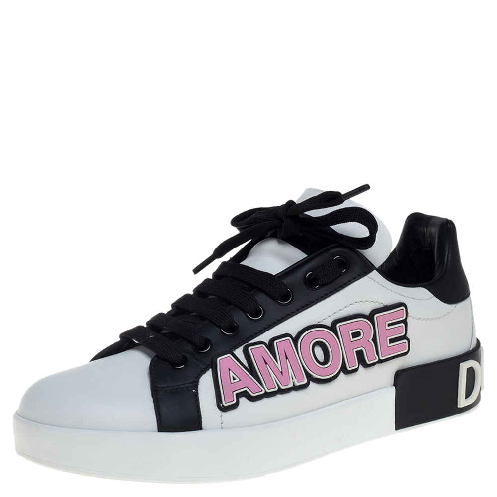 Pre-owned Dolce & Gabbana White/black Leather Portofino Love Patch Low Top Sneakers Size 38.5