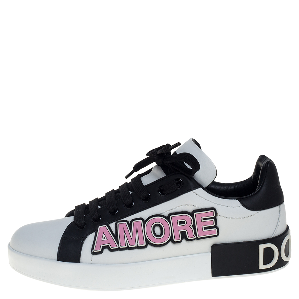 

Dolce & Gabbana White/Black Leather Portofino Love Patch Low Top Sneakers Size