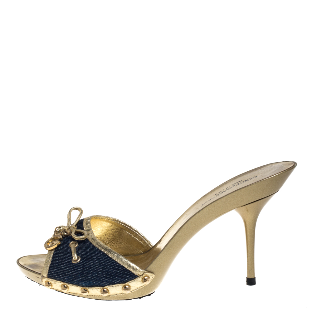 

Dolce & Gabbana Blue Denim And Gold Leather Logo Embellished Mule Sandals Size