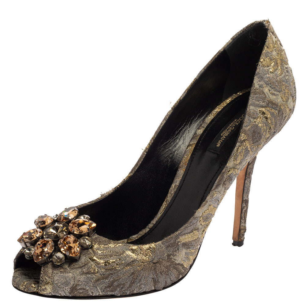 Pre-owned Dolce & Gabbana Grey Floral Print Brocade Fabric Bellucci Crystal Embellished Peep Toe Pumps Size 40