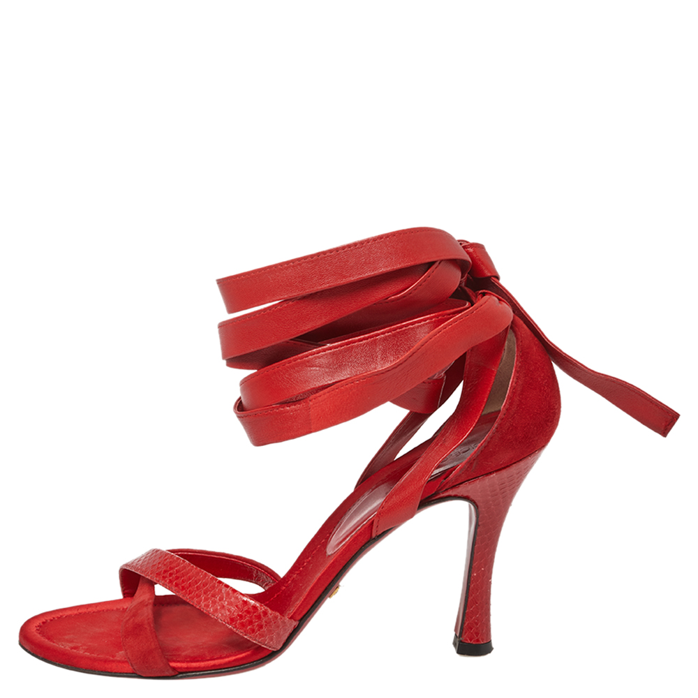 

Dolce & Gabbana Red Python Embossed Leather And Suede Ankle Wrap Sandals Size