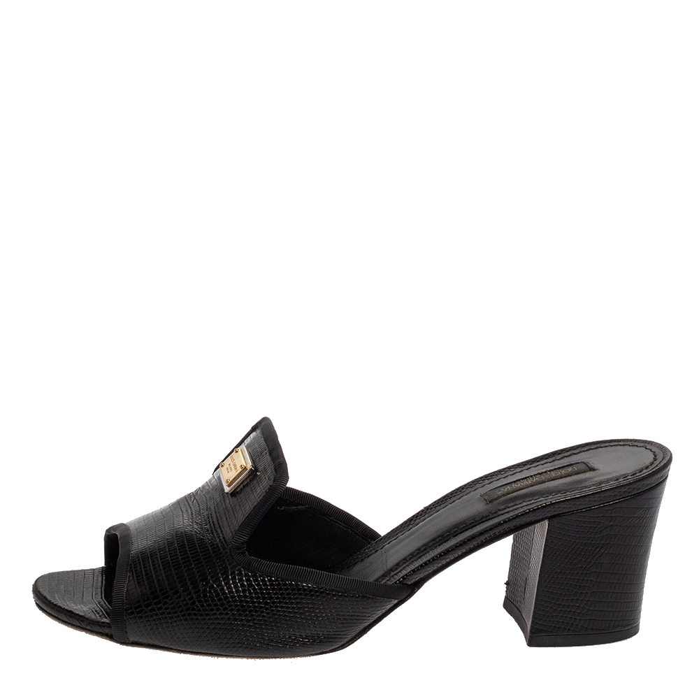 

Dolce & Gabbana Black Leather Iguana Slide Sandals Size