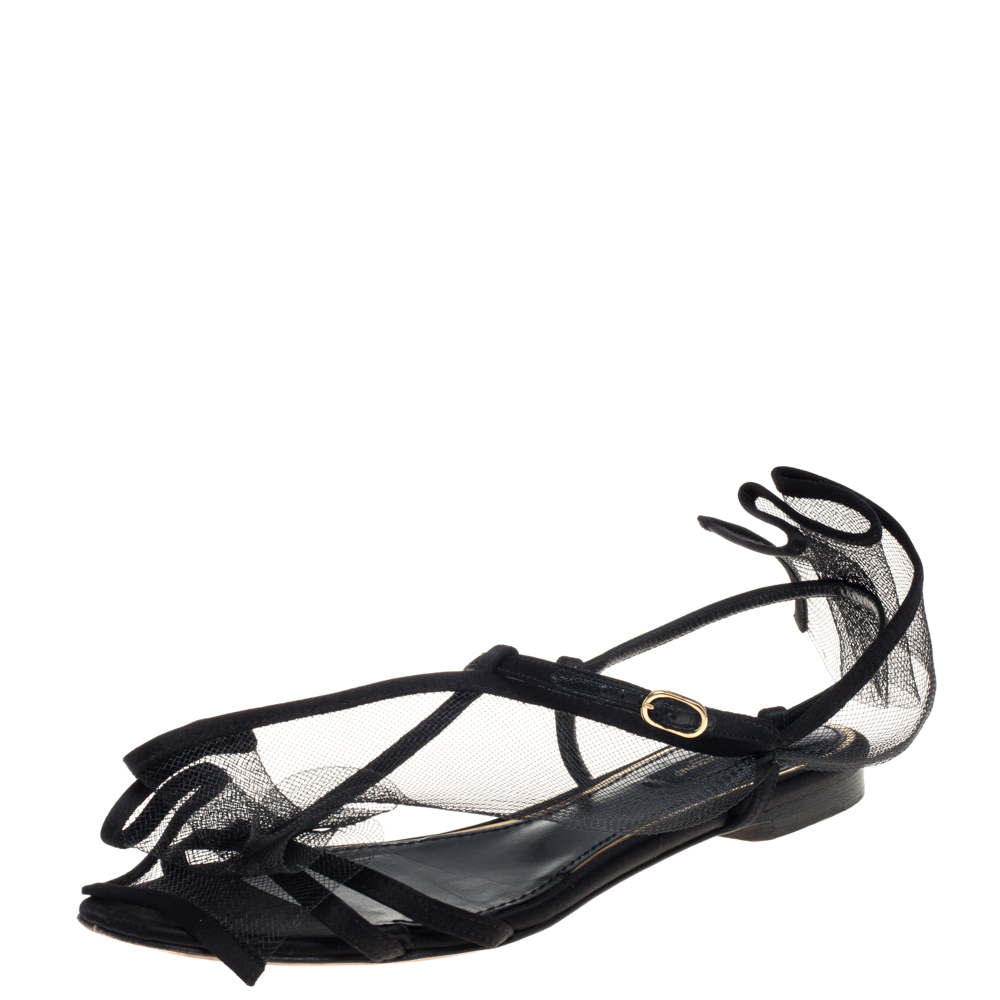 Pre-owned Dolce & Gabbana Black Satin And Mesh Flat Sandals Size 37.5