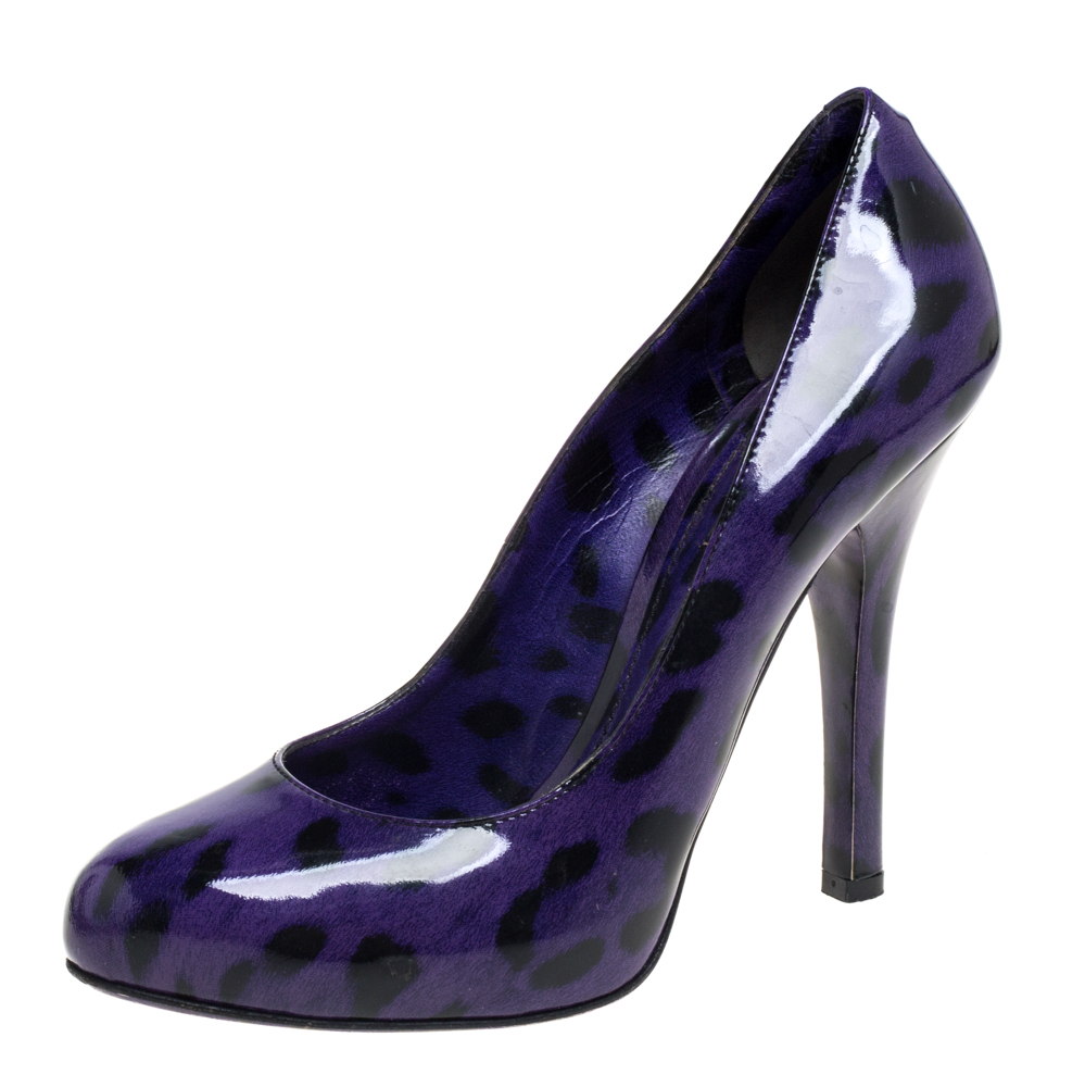 Pre-owned Dolce & Gabbana Purple/black Leopard Print Patent Leather Platform Pumps Size 37.5