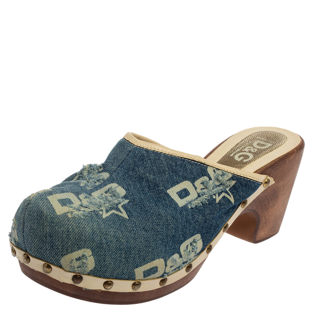 Pre-owned Dolce & Gabbana Blue Denim Fabric Slide Clogs Size 39