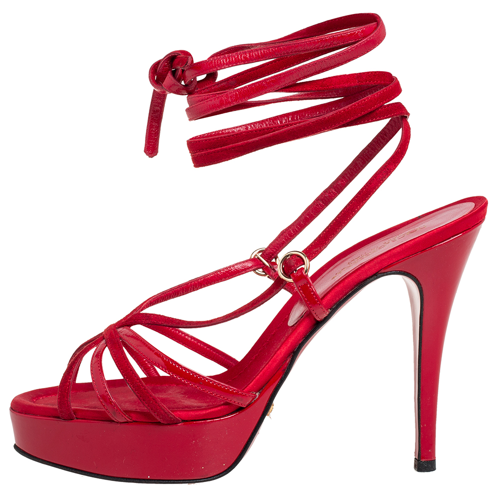 

Dolce & Gabbana Red Suede And Patent Leather Ankle Wrap Sandals Size