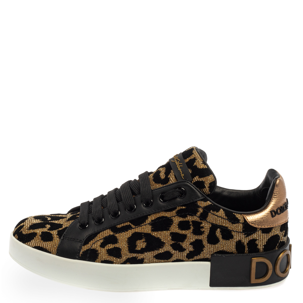 

Dolce & Gabbana Black/Brown Leopard Print Lurex Fabric Logo Low Top Sneakers Size