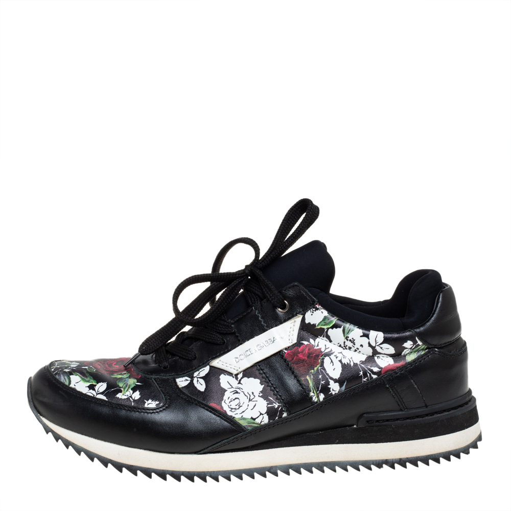 

Dolce & Gabbana Black Leather Floral Print Low Top Sneakers Size