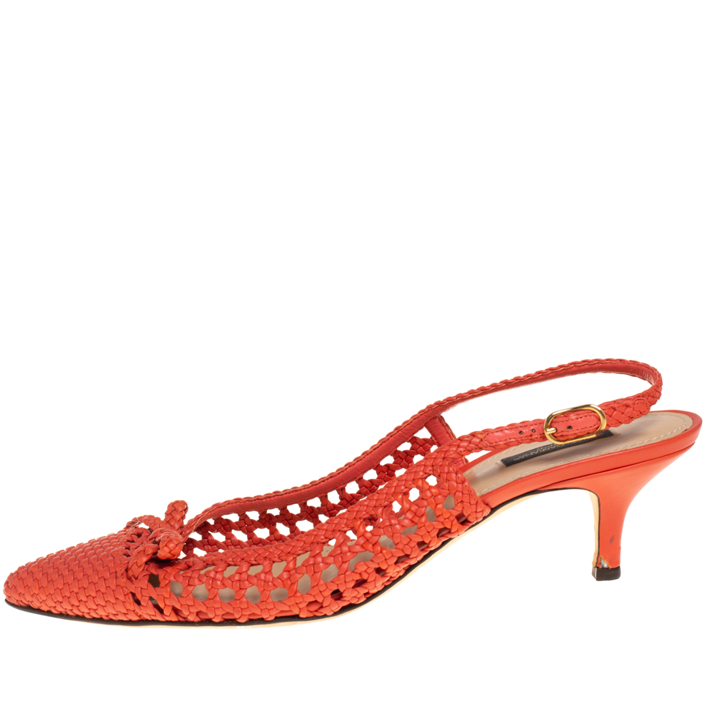 

Dolce & Gabbana Orange Woven Leather Bow Slingback Sandals Size