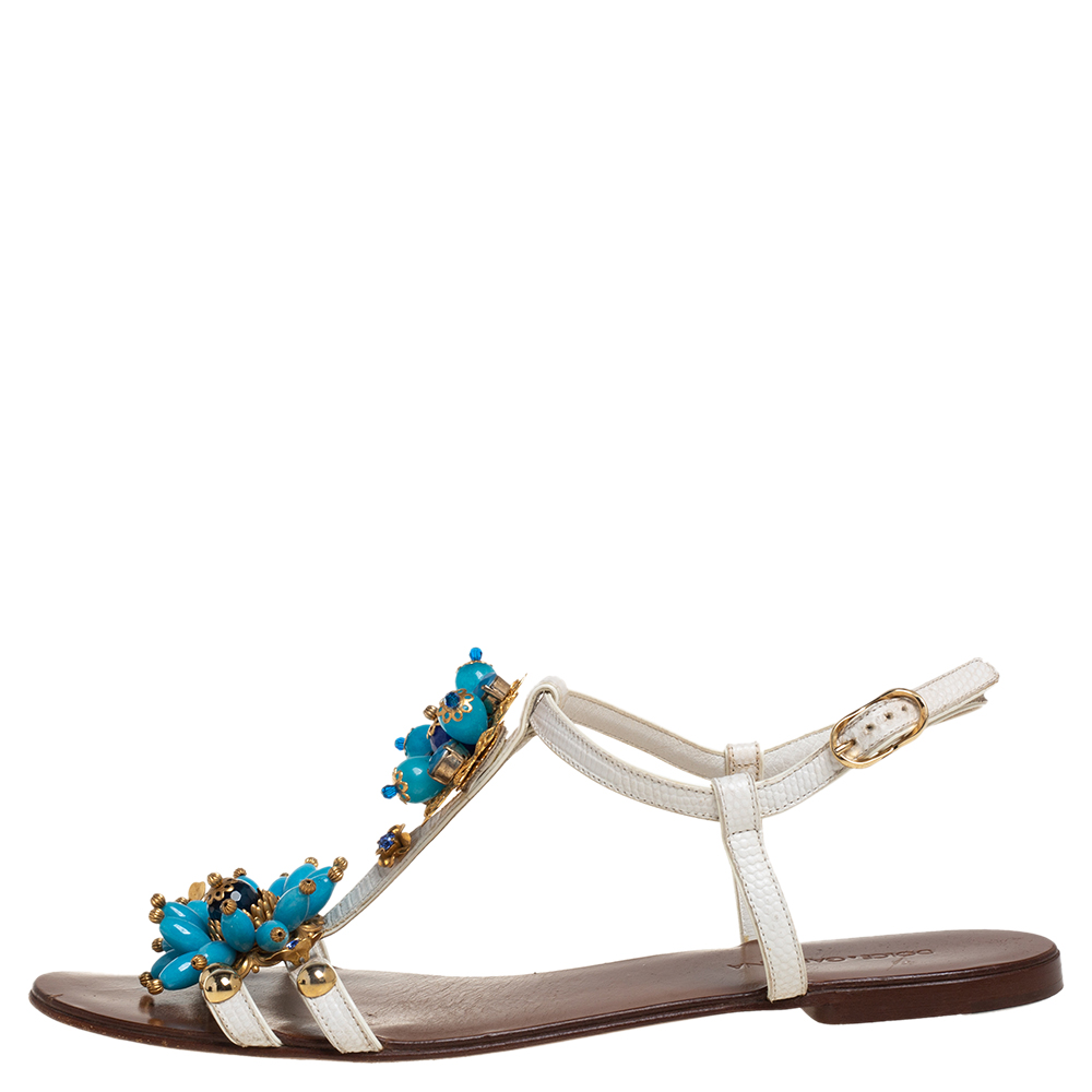 

Dolce & Gabbana White Leather Flower Embellished Sandals Size