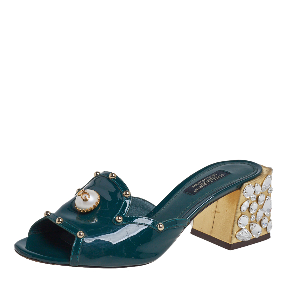 Pre-owned Dolce & Gabbana Green Patent Leather Embellished Slide Sandals Size 36