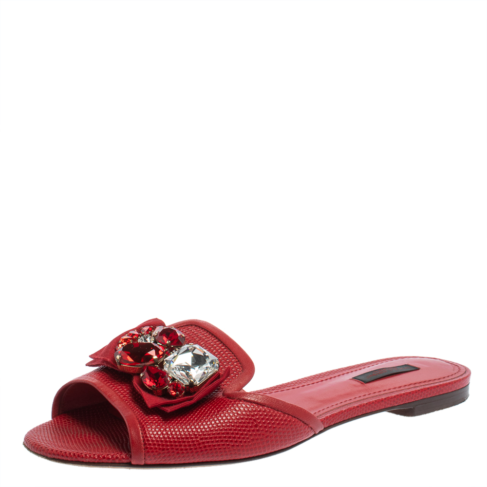 Pre-owned Dolce & Gabbana Red Lizard Embossed Leather Crystal Embellished Flat Slides Size 39.5