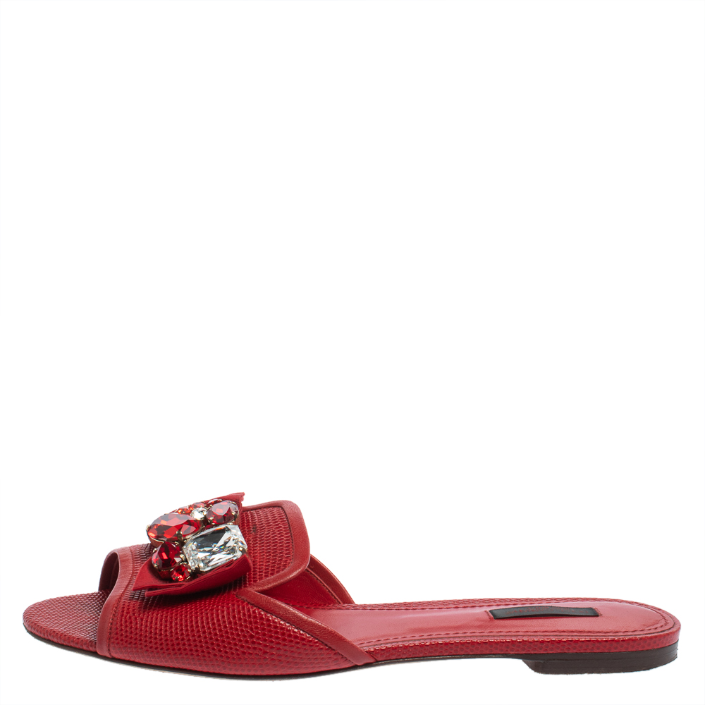 

Dolce & Gabbana Red Lizard Embossed Leather Crystal Embellished Flat Slides Size