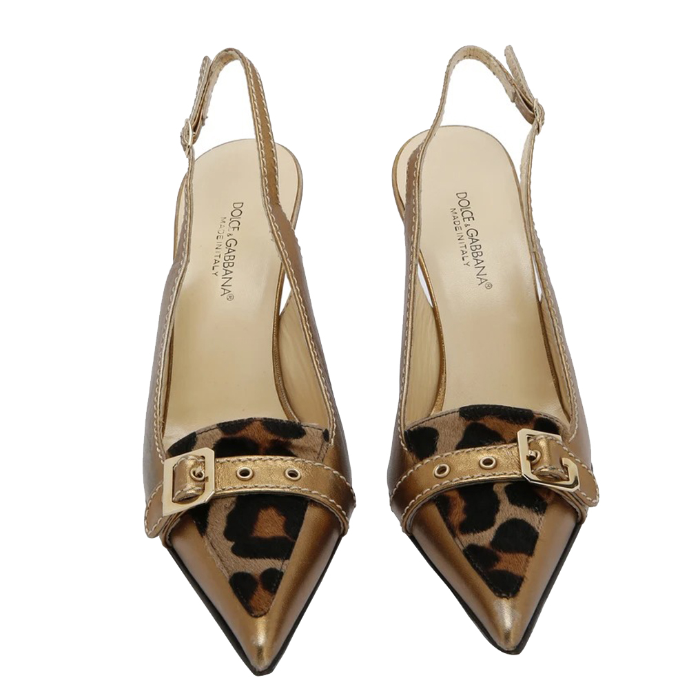 

Dolce & Gabbana Metallic Gold Leopard Print Leather Pointed Toe Pumps Size EU