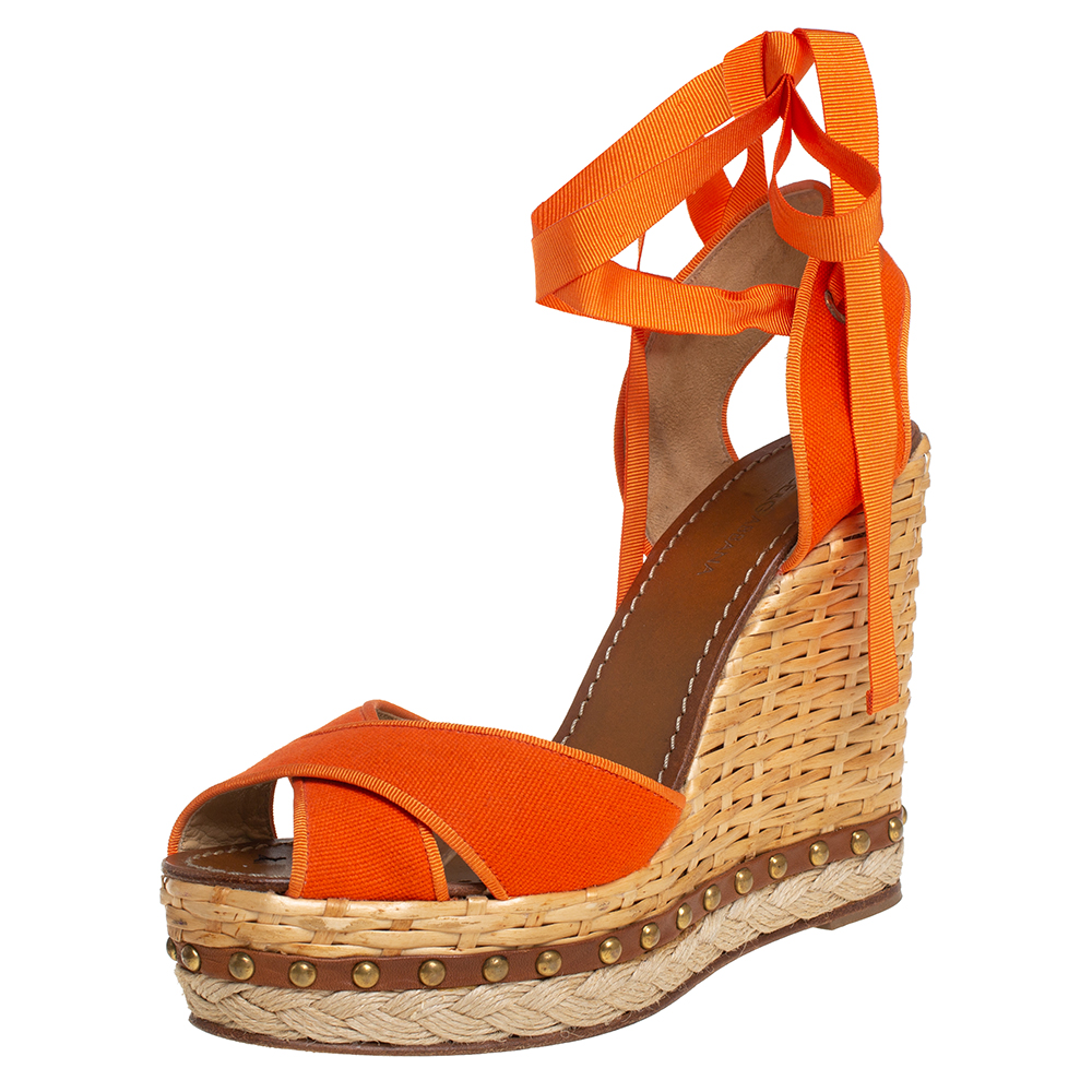 Pre-owned Dolce & Gabbana Orange Canvas Criss Cross Platform Ankle Wrap Wedge Espadrilles Size 40