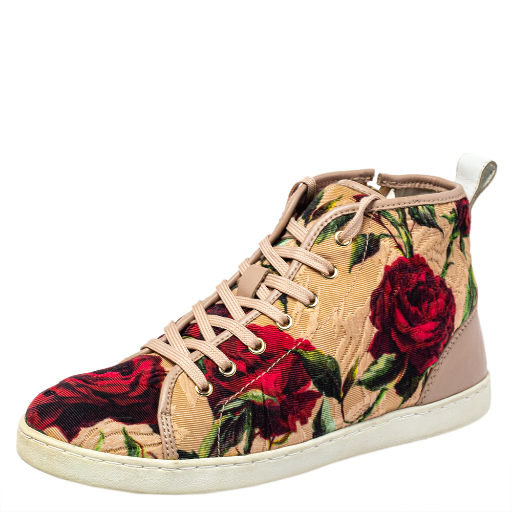 Pre-owned Dolce & Gabbana Multicolor Floral Print Fabric And Leather Mid Top Sneakers Size 35