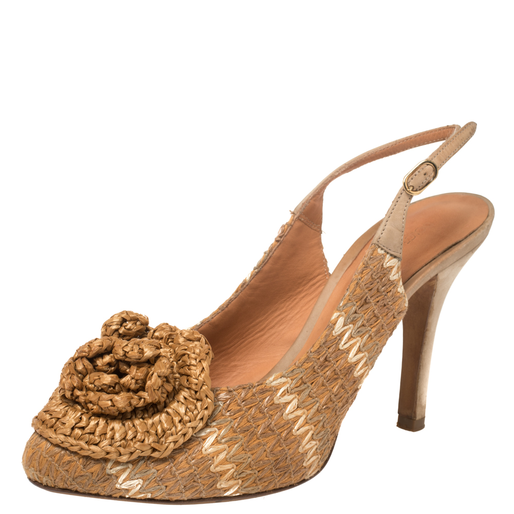 

Dolce & Gabbana Tan And Beige Leather And Raffia Flower Slingback Pumps Size