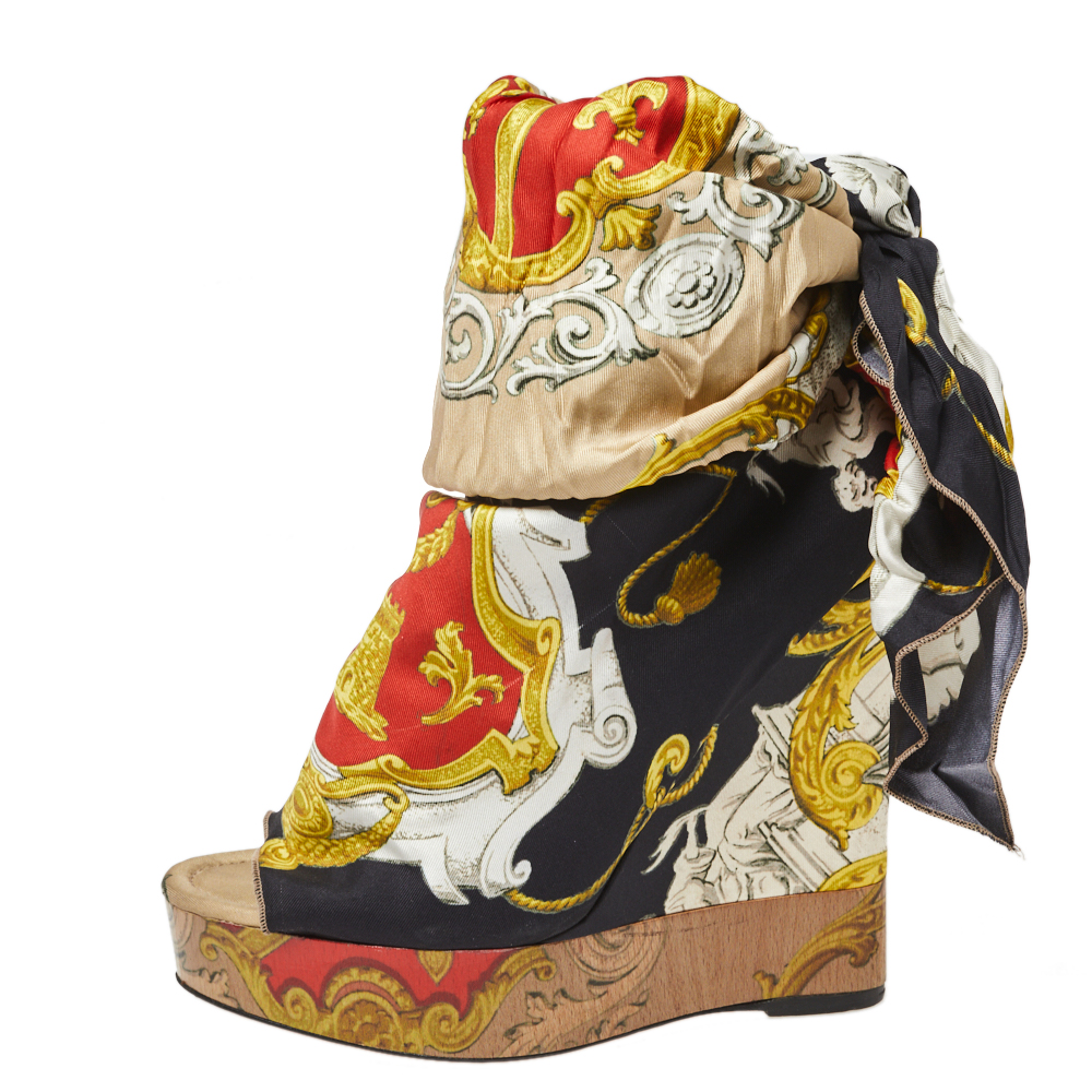

Dolce & Gabbana Multicolor Scarf Open Toe Ankle Wrap Wedge Pumps Size