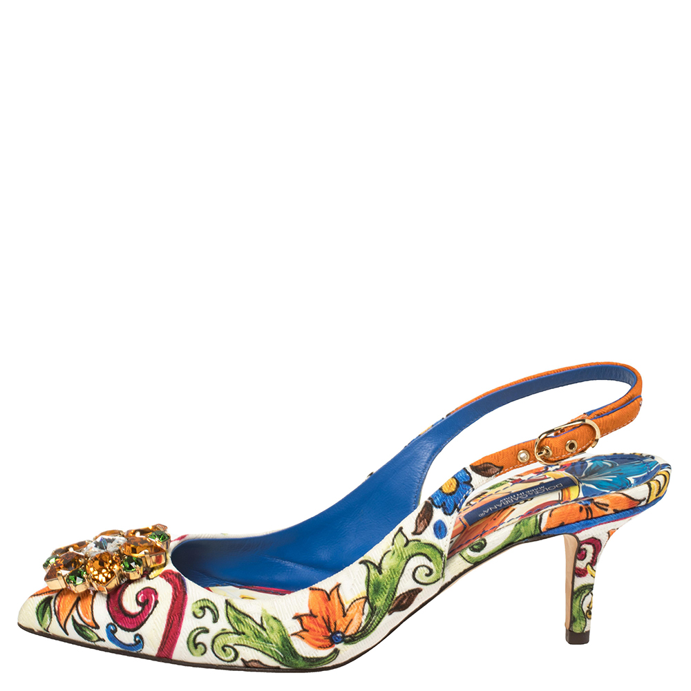 

Dolce & Gabbana Multicolor Majolica Print Brocade Fabric Crystal Embellished Slingback Sandals Size